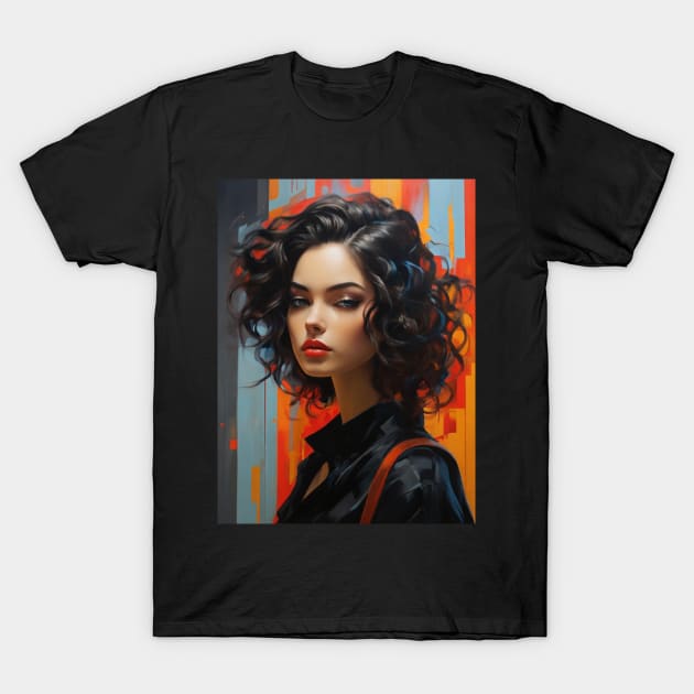 Modern Beauty, Young Beautiful Brunette Woman, Vibrant Background T-Shirt by StudioX27